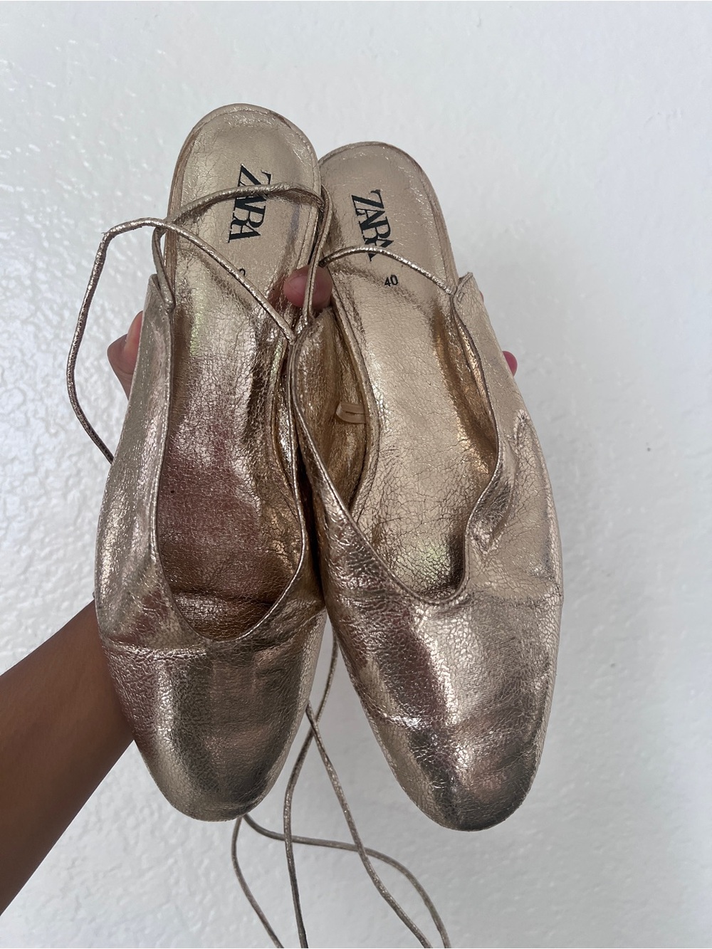 Zara Metallic Gold Lace-Up Pointed Ballet Flats